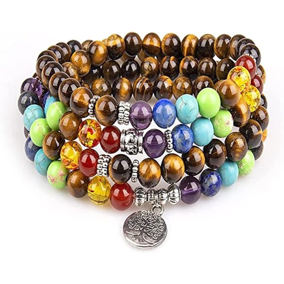 108 Mala Beads Necklace 7 Chakra Tree of Life Pendant Prayer Buddha Bracelets He